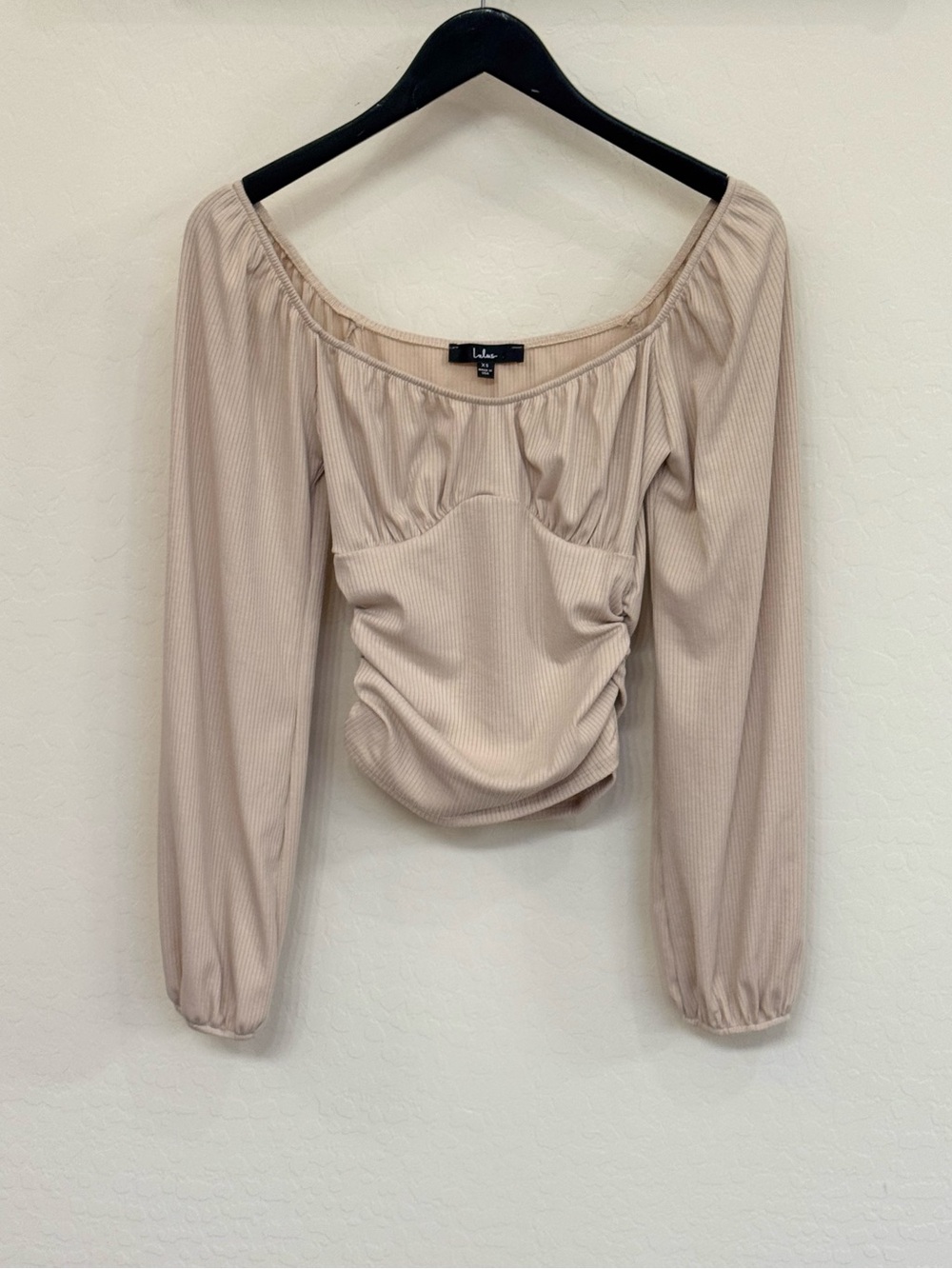 Lulus Beige Ribbed Ruched Off-The-Shoulder Crop Top Size XS Boho Blouse